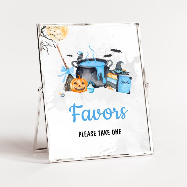 Blue Baby is Brewing Witch Favours Sign (Boy Halloween Witch Baby Shower Favors SIgn)