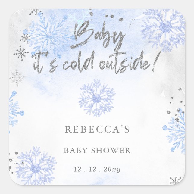 Blue Baby its Cold Outside Winter Baby Shower Square Sticker (Front)