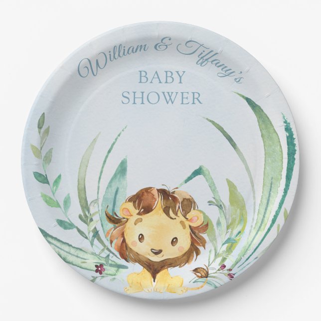 Blue Baby Lion Cub Dusty Blue Baby Shower Paper Plate (Front)