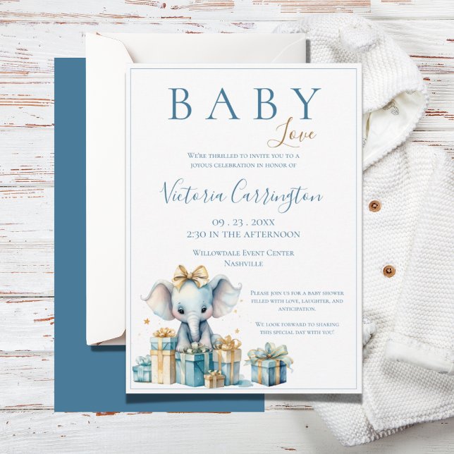 Blue Baby Love Elephant Watercolor Baby Shower Invitation (Creator Uploaded)