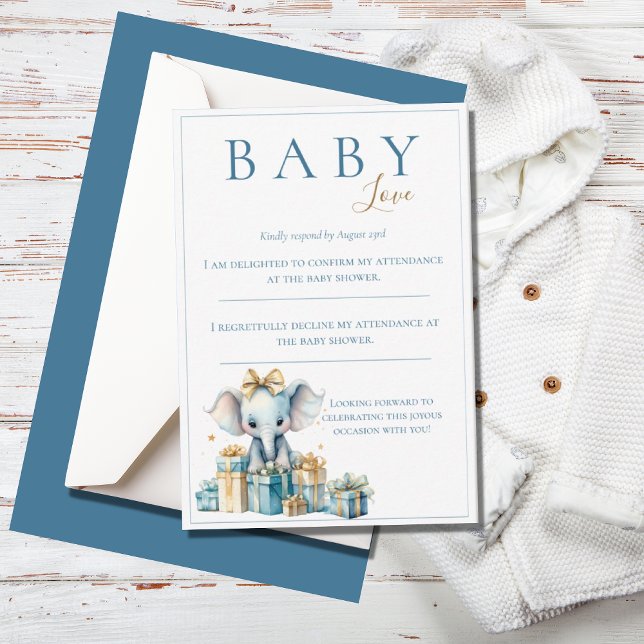 Blue Baby Love Watercolor Elephant Baby Shower RSVP Card (Creator Uploaded)