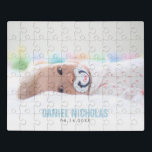 Blue Baby Name Jigsaw Puzzle<br><div class="desc">Simple and chic full bleed photo design. Need a custom colour? Send us a message to heartlockedstudio@gmail.com and we'll be happy to help you out!</div>