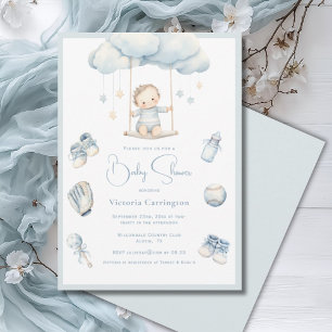 Blue Baby on Cloud Boy Baby Shower Invitation