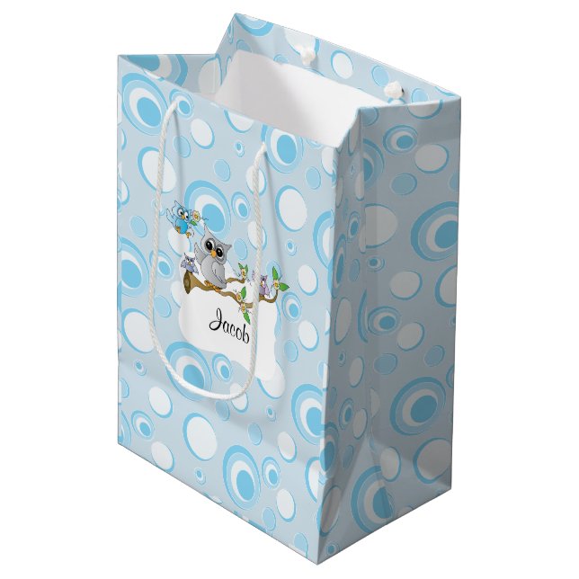 Blue Baby Owl Baby Shower Medium Gift Bag (Front Angled)