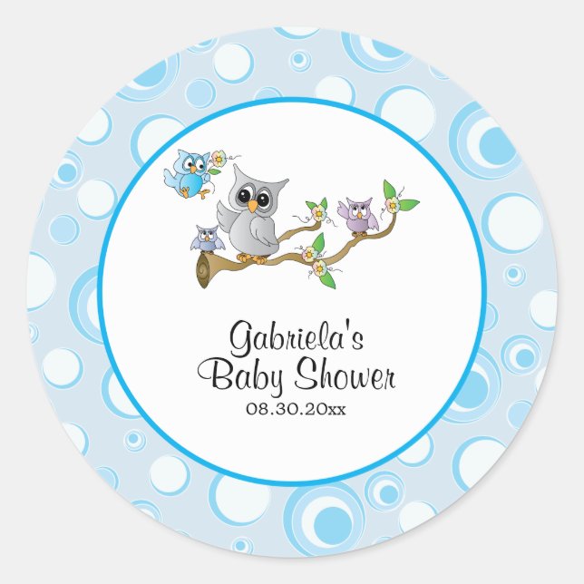 Blue Baby Owl Baby Shower Theme Classic Round Sticker (Front)