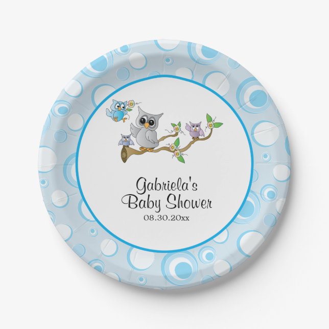 Blue Baby Owl Baby Shower Theme Paper Plate (Front)