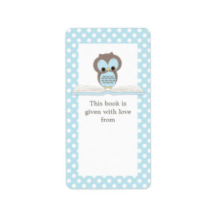 Blue Baby Owl on Book Gift Bookplate Label