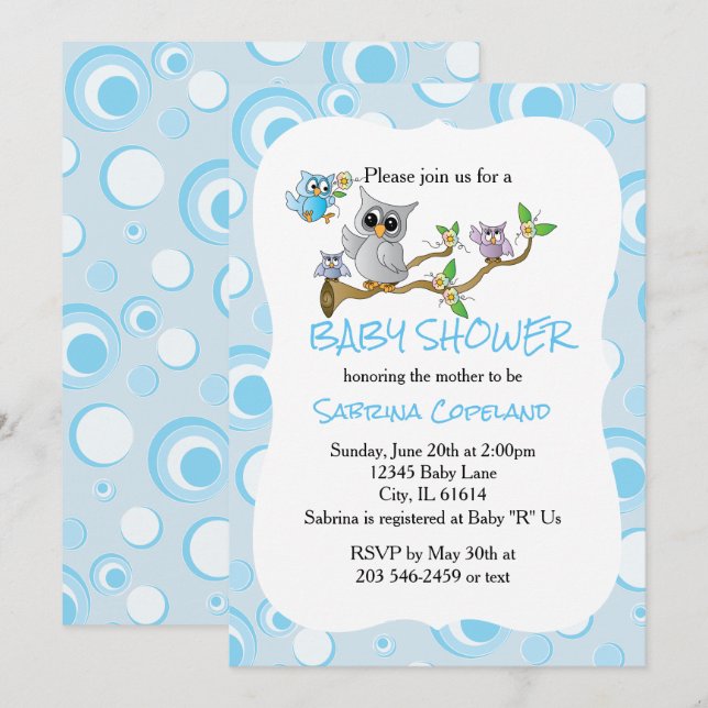 Blue Baby Owl | Shower Theme Invitation (Front/Back)