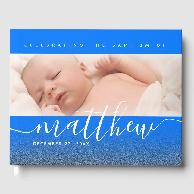 Blue Baby Photo Baptism Christening Cross Glitter Guest Book (Front)