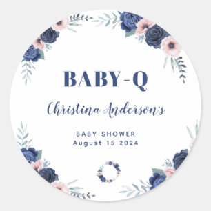 Blue Baby-Q Floral Rose Pastel BBQ Baby Shower Classic Round Sticker