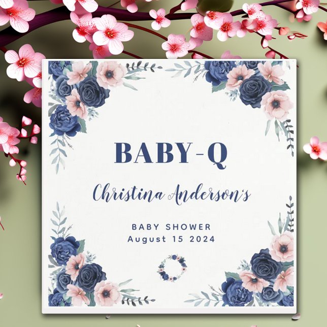 Blue Baby-Q Floral Rose Pastel BBQ Baby Shower Napkin (Creator Uploaded)