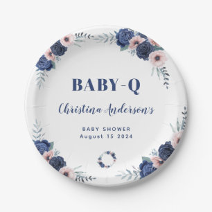 Blue Baby-Q Floral Rose Pastel BBQ Baby Shower Paper Plate