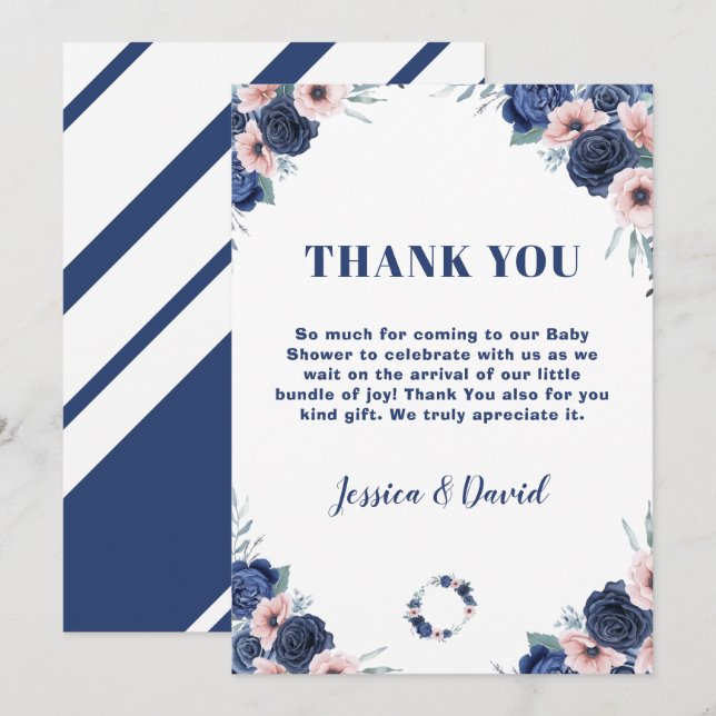 Blue Baby-Q Floral Rose Pastel BBQ Baby Shower Thank You Card (Front/Back)