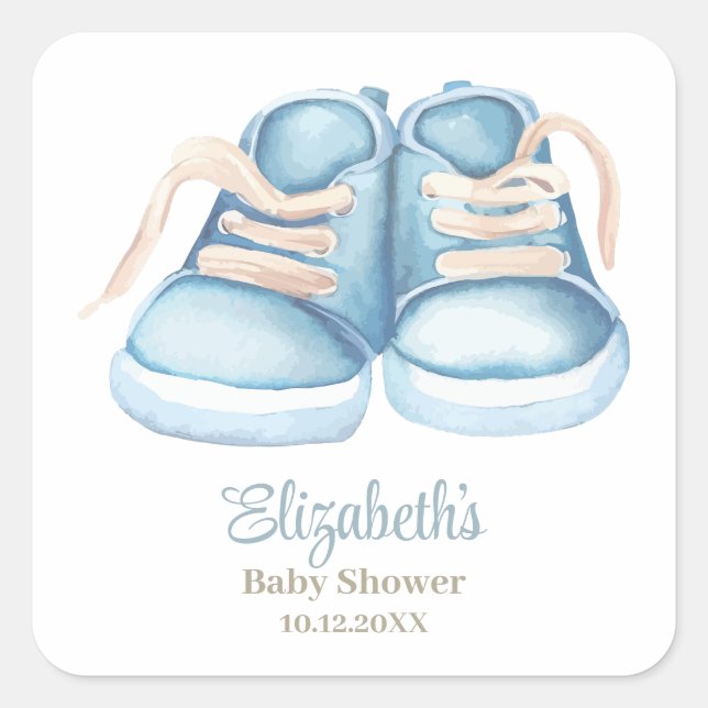 Blue Baby Shoes Baby Shower Square Sticker (Front)