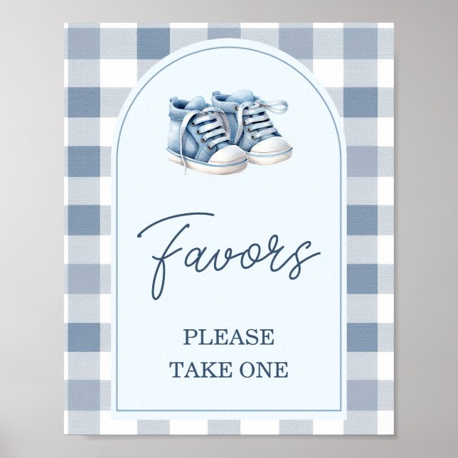 Blue Baby Shoes Gingham Booties Baby Shower Favors Poster (Front)