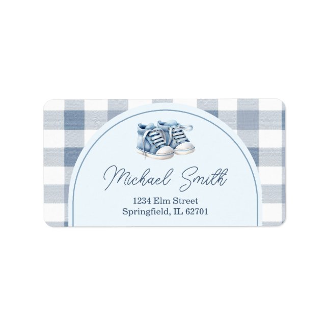 Blue Baby Shoes Gingham Boy Baby Shower Address Label (Front)