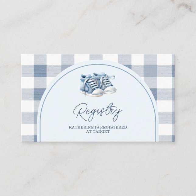 Blue Baby Shoes Gingham Boy Baby Shower Registry Enclosure Card (Front)