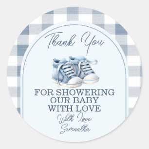 Blue Baby Shoes Gingham Boy Baby Shower Thank You Classic Round Sticker