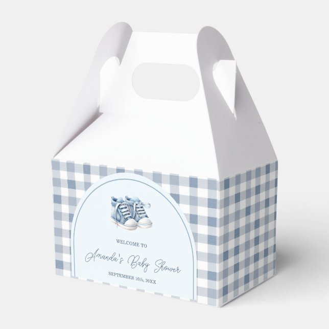 Blue Baby Shoes Gingham Boy Booties Baby Shower Favour Box (Front Side)