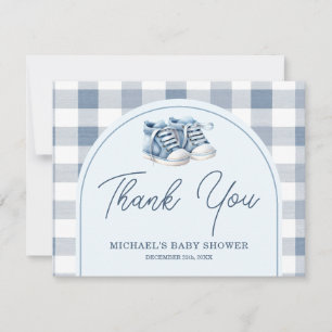 Blue Baby Shoes Gingham Boy Booties Baby Shower Thank You Card