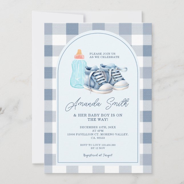Blue Baby Shoes Gingham Boy Milk Bottles Invitation (Front)