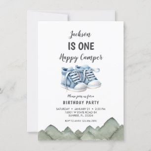 Blue Baby Shoes Little Camper Birthday Invitation