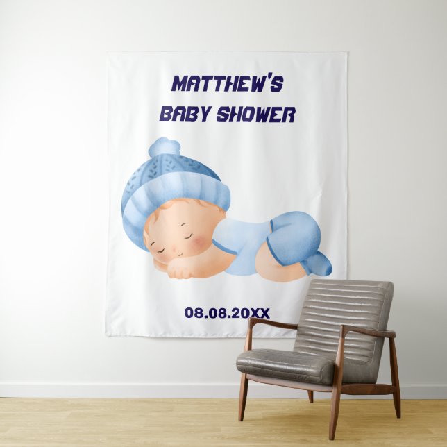 Blue Baby Shower, Baby Boy Party Backdrop Tapestry (In Situ)
