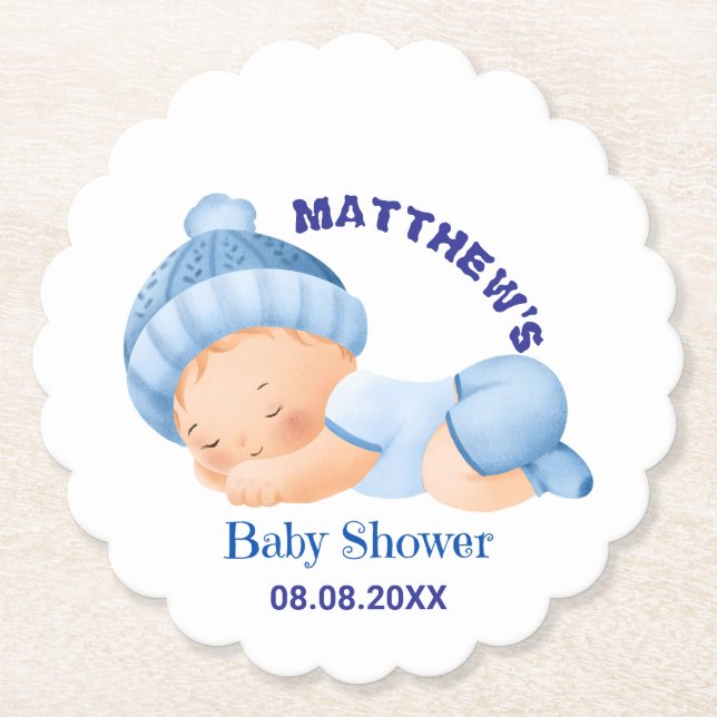 Blue Baby Shower, Baby Boy Shower Paper Coaster (Front)