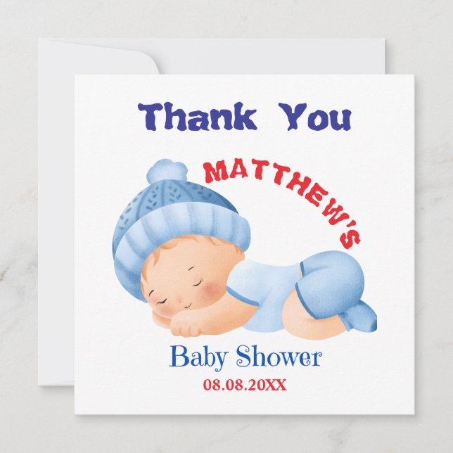 Blue Baby Shower, Baby Boy Shower Thank You Card (Front)