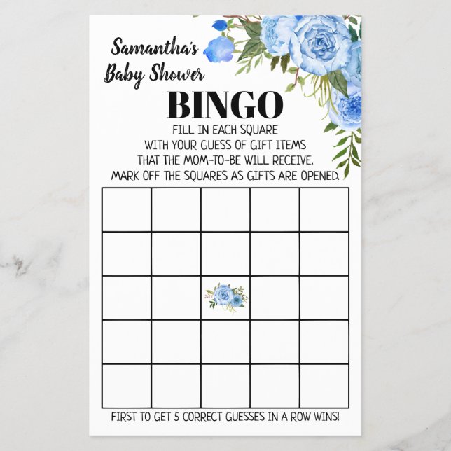 Blue Baby Shower Bingo english spanish game card (Front)