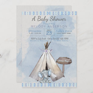 Blue Baby Shower Boho Baby Elephant & Tipi Invitation
