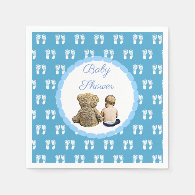 Blue Baby Shower Boy and Teddy Bear Napkin (Front)