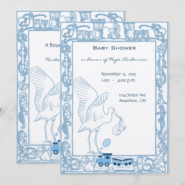 Blue Baby Shower Boy Stork, Owl  Choo Choo Train Invitation (Front/Back)
