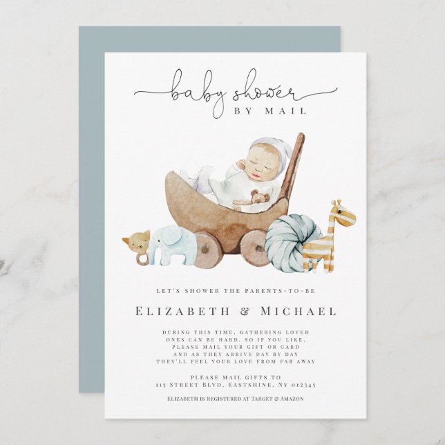  Blue Baby Shower By Mail Boy Boho Social Distance Invitation (Front/Back)
