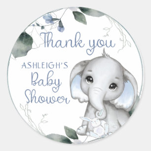 Blue Baby Shower Elephant Watercolor Thank You Classic Round Sticker