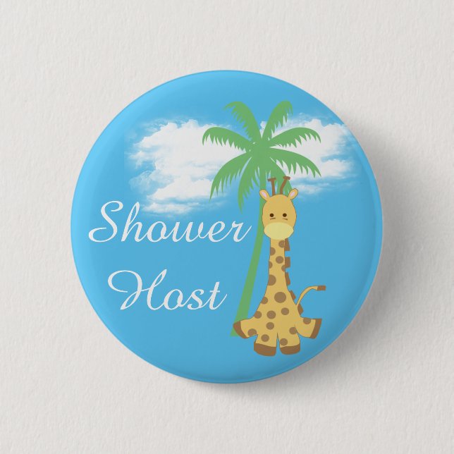 Blue baby shower host giraffe badges (Front)