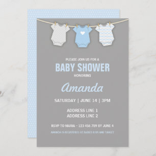 Blue Baby Shower Invitation, Clothesline Theme Invitation