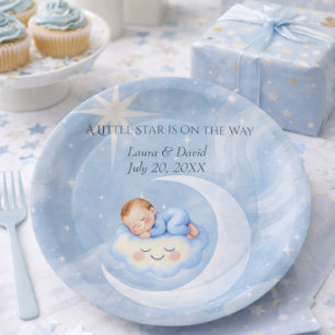 Blue Baby Shower Moon Star Cute Sleeping Baby Paper Plate