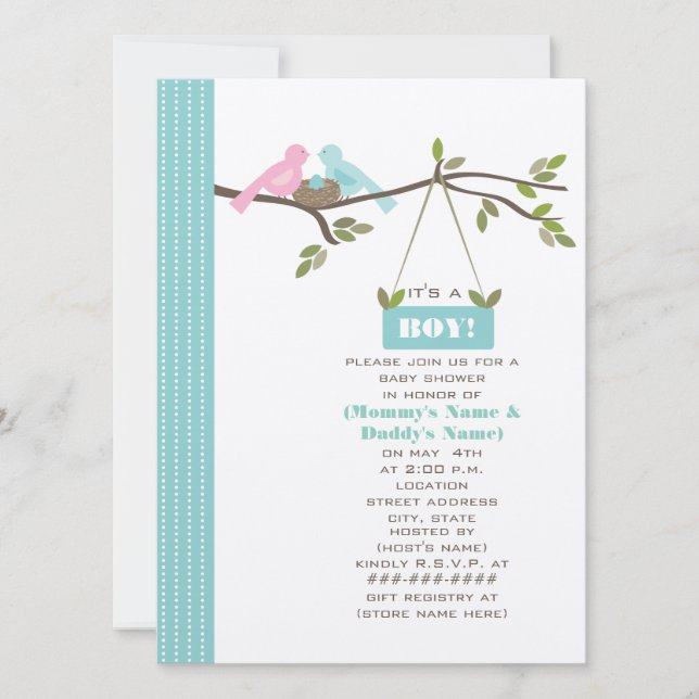 Blue Baby Shower Mummy & Daddy Birds & Nest Invitation (Front)