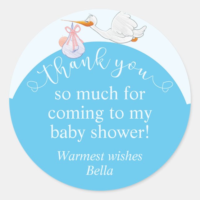 Blue Baby Shower Stork Thank You Sticker (Front)