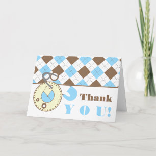 Blue Baby Shower Thank You -Diaper Pin & Argyle Card