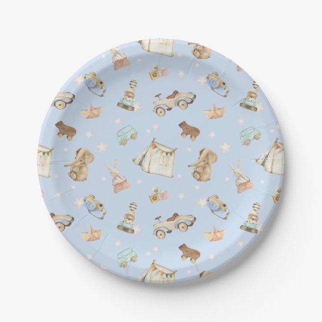 Blue Baby Shower Vintage Toys Paper Plate (Front)