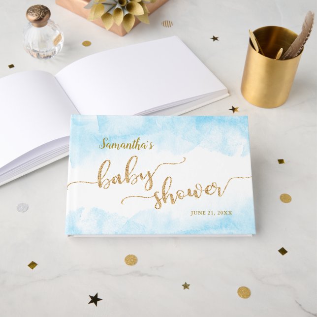 Blue Baby Shower Watercolor and Gold Glitter Guest Book (Front Open)