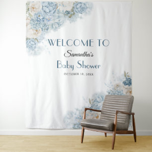 Blue Baby Shower Welcome Floral Backdrop Banner Tapestry