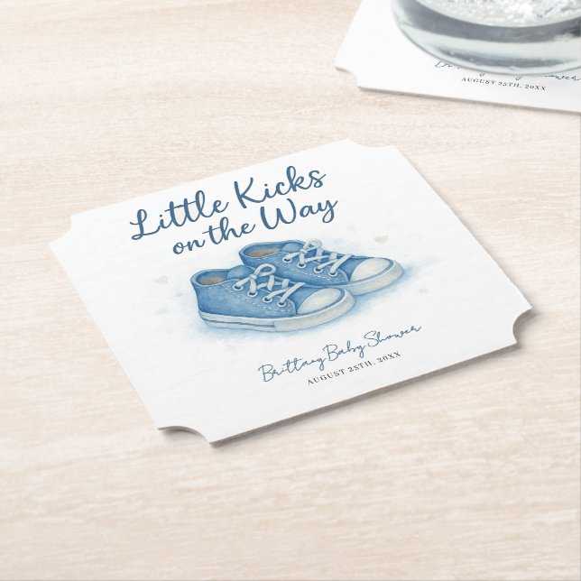 Blue Baby Sneakers Baby Shower  Paper Coaster (Angled)