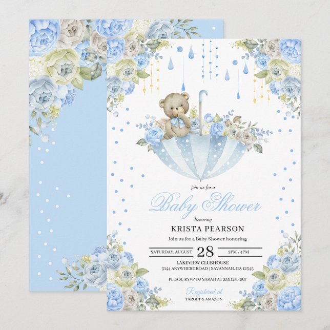 Blue Baby Sprinkle Umbrella Teddy Bear Baby Shower Invitation (Front/Back)