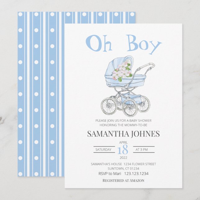  Blue baby stroller Blossom Baby Shower  Invitatio Invitation (Front/Back)