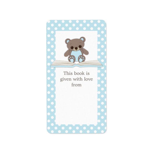 Blue Baby Teddy Bear on Book Gift Bookplate Label (Front)