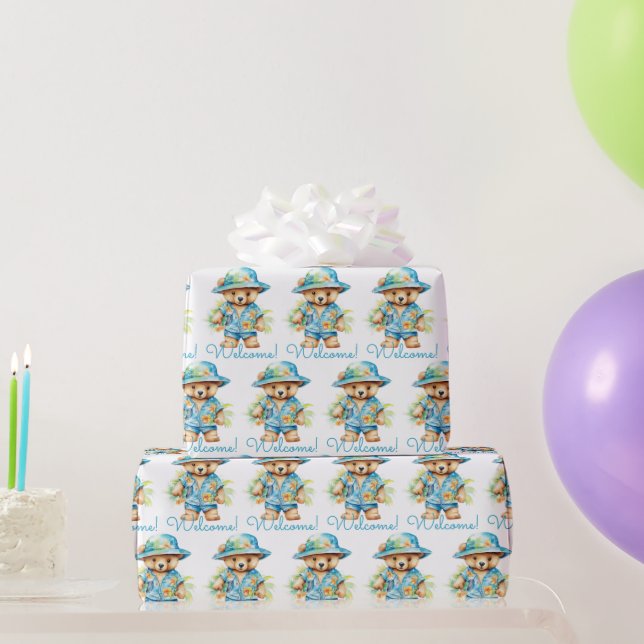 Blue Baby Welcome Teddy Bear Gift Wrapping Paper (Party Gifts)