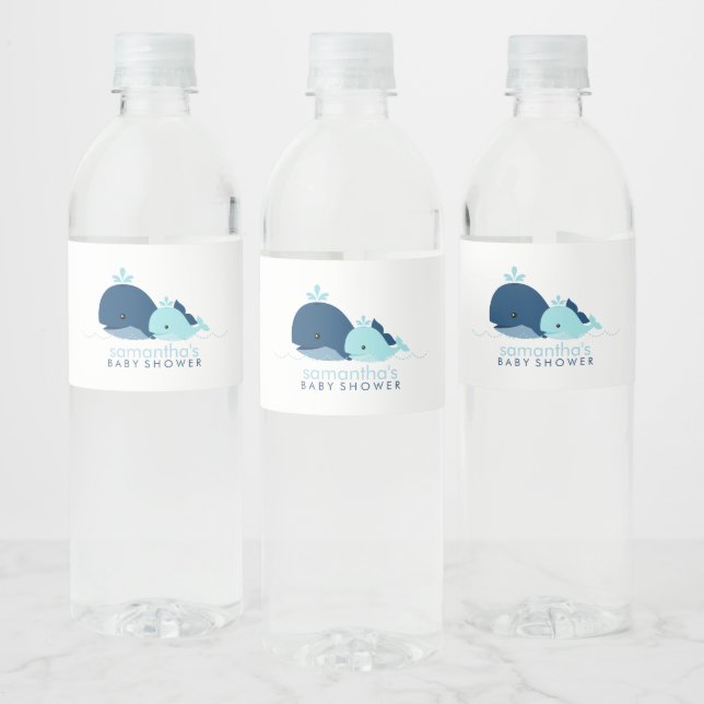 Blue Baby Whale Boy Baby Shower Water Bottle Label (Bottles)